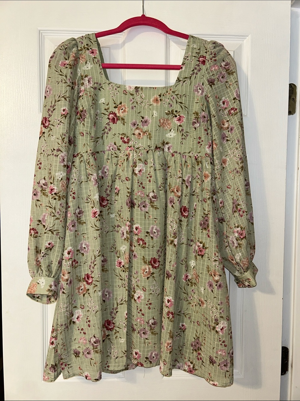Blu Pepper Sage Green Floral Square-Neck Babydoll Dress